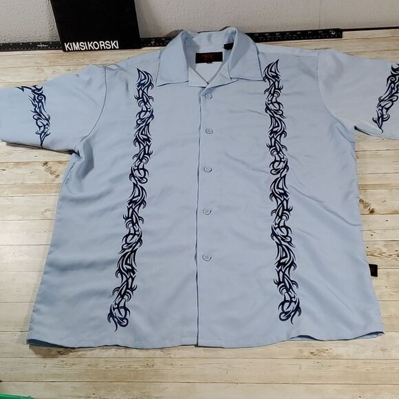 Tribal Design D Clothing Light‎ Blue Embroidered Bowling Lounge Shirt Size Large - Picture 1 of 9